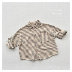 棉麻條紋~春秋新款韓版兒童文藝范翻領豎條紋襯衫男女童軟糯襯衣