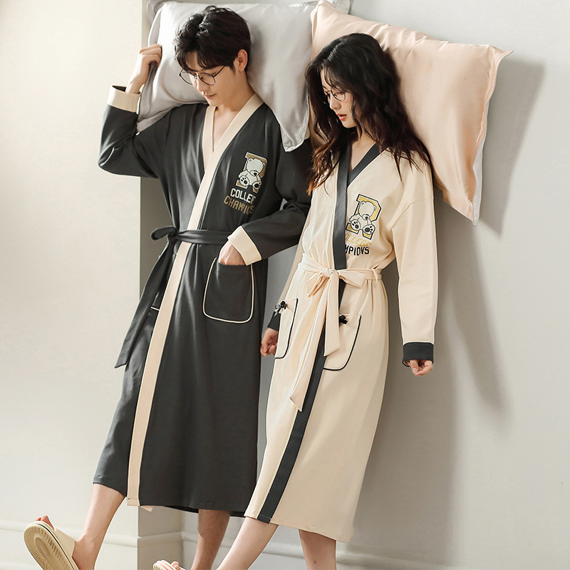 Nightgown for Women Spring and Autum Pure Cotton Long-Sleeved 2025 New Couple Autum and Winter Thin Hotel Bathrobe Men's Home Wear