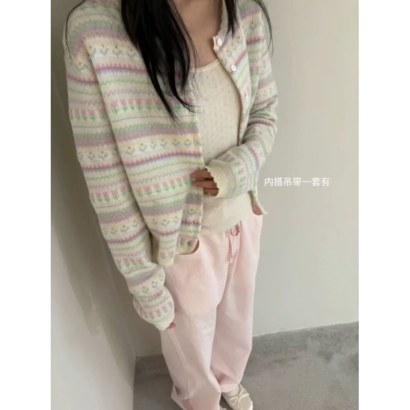 古着慵懒感费尔岛复古提花针织衫女25新款韩系氛围感羊毛毛衣开衫