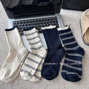 Socks Women's Autumn and Winter Ins Korean Style Striped Color Matching navy blue Heel Fabric Label Trendy Socks All-match Mid-tube Socks