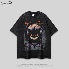 日本系ヒップホップアニメ漫画プリント水洗い半袖tシャツ男式ヴィンテージレトロゆるい半袖teeシャツ