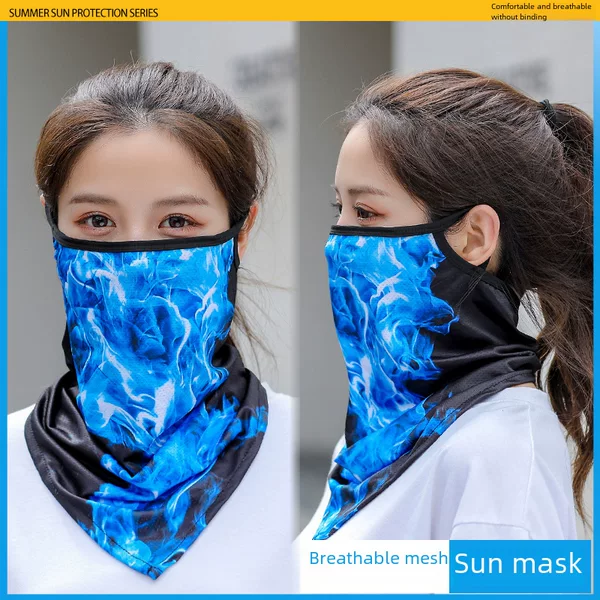 Real Ice Silk Ear Hanging Mask Neck Set Sunshade Sunscreen Outdoor Riding Motorcycle Fishing Camouflage Electric Welding Sports Summer Men and Women