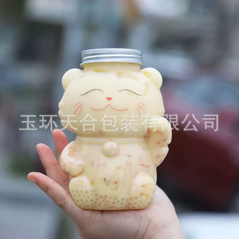 500ml加厚·透明塑料pet奶茶杯·装饰饮品招财猫果汁冷饮异形瓶