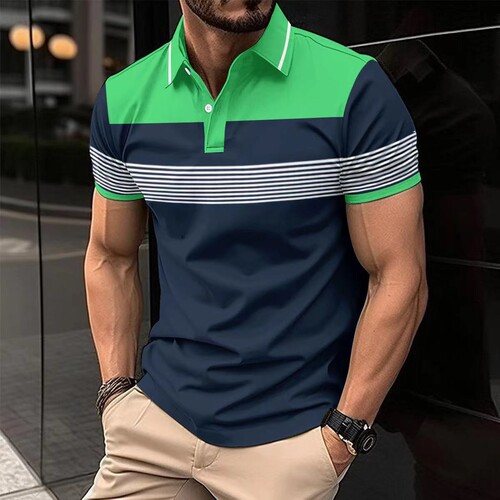 Summer men's new digital printed lapel button business all-match T-shirt