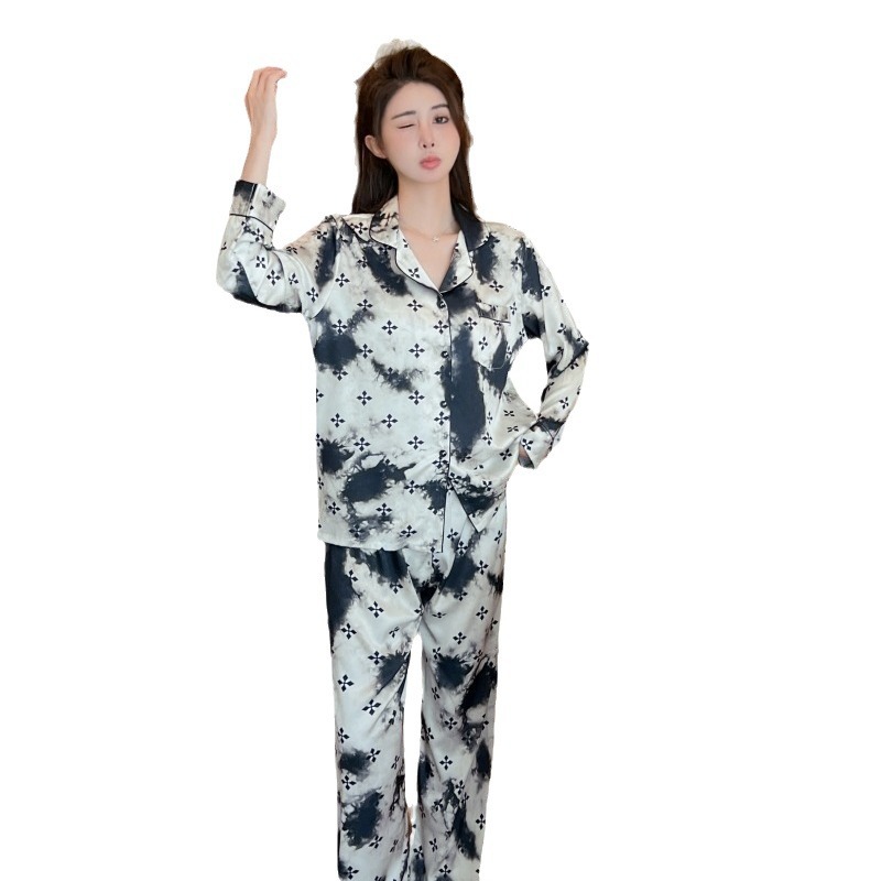 [Pintura de tinta floreciente] Primavera nueva pintura de tinta de alto grado moda desgaste del hogar traje de pijama de manga larga de seda de hielo