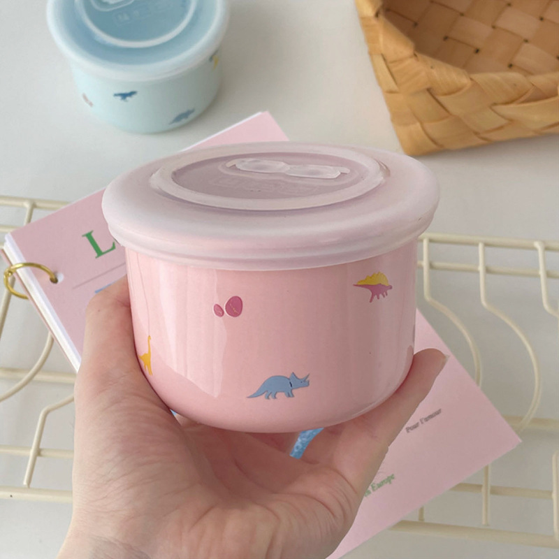 Ins Cute Dinosaur Baby Food Bowl with Lid Ceramic Sealed Children's Fresh-keeping Bowl Small Lunch Box Can be Steamed