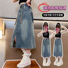 Little Girl Denim Half-length Skirt 2024 Spring and Autumn New Style Medium and Large Children's Long Dress Children's Stylish Slit Skirt Children's Fashion
