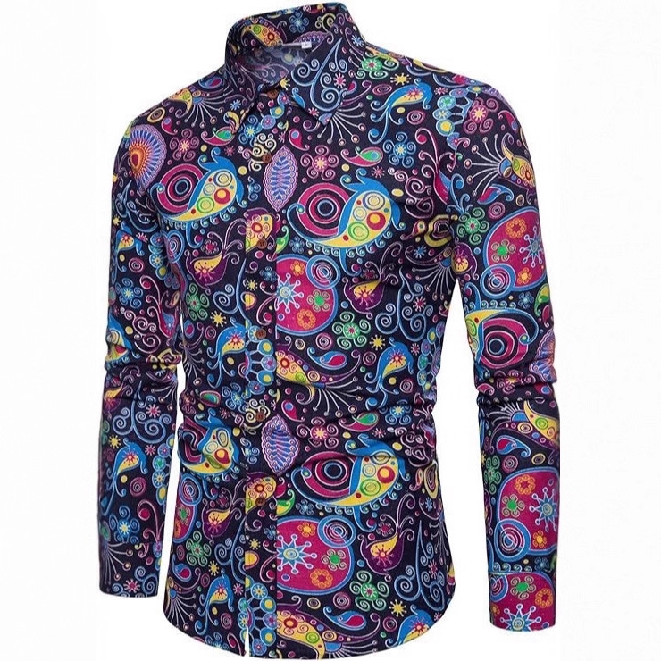 2025秋冬新款亚马逊独立站时尚长袖衬衫外贸印花欧码沙滩花衬衫男