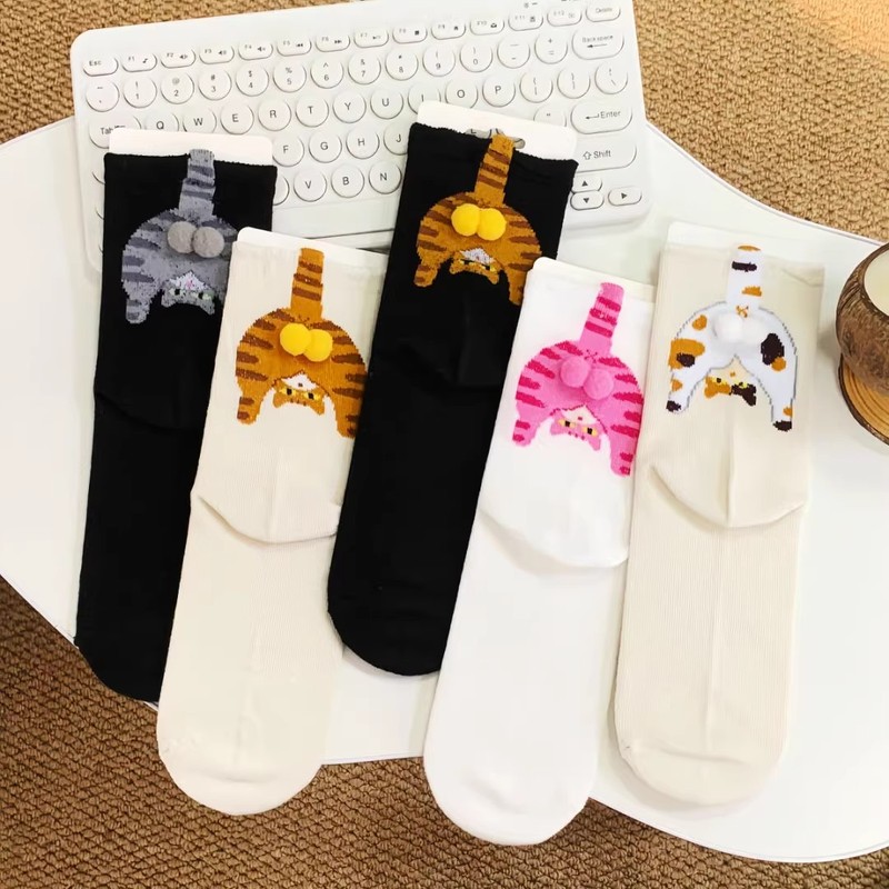 2025 New Autum Socks for Women, Cute Cartoon Mid-Calf Socks, Cat Stylish Stereo Balls, Ins Trendy Socks, Stockings