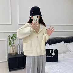 秋冬季新款拉链连帽外套休闲百搭宽松针织开衫外套时尚洋气女
