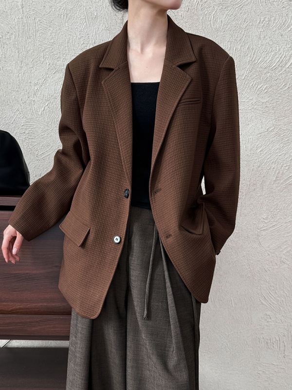 鹿西 廓形休闲通勤肌理感华夫格西装女秋款复古宽松外套8502|undefined