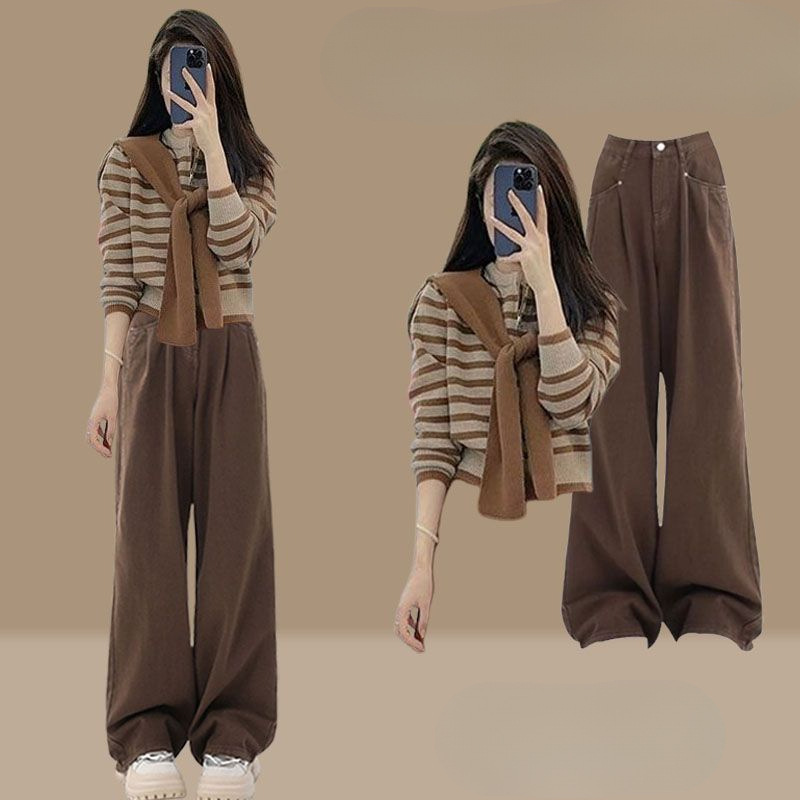 秋季套装女2025新款时尚复古洋气减龄披肩条纹针织衫阔腿裤三件套|undefined