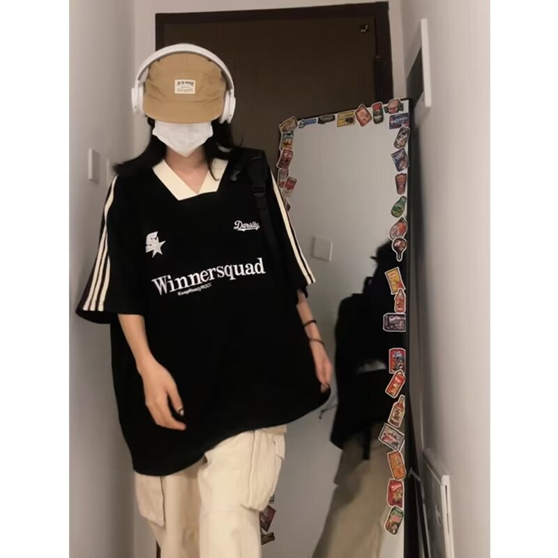 National Fashion American Retro Jersey V-neck Short-sleeved T-shirt Women's Summer Fashion Brand Loose Casual All-match Design Sense Top