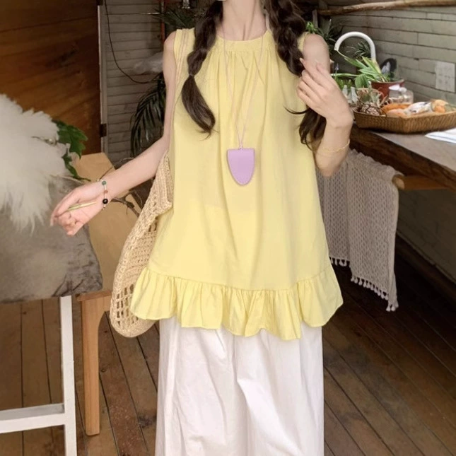 Желтая жилетка без рукавов для женщин, допамин, французская мелкая буржуазия, летний наряд с лимонной морской солью, топ-костюм Babydoll