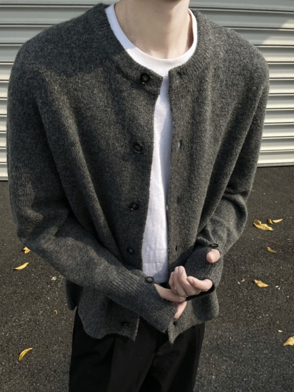 美式cleanfit圆领开衫毛衣男春秋季新款小香风针织衫慵懒短款外套|undefined