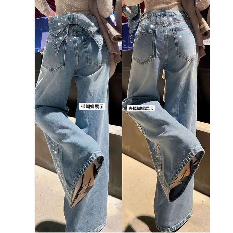 Wanjun [Fudi Diamond Pants] Detachable Bow Imported Austrian Rhinestones All-Season Mid-Waist Straight-Leg Jeans