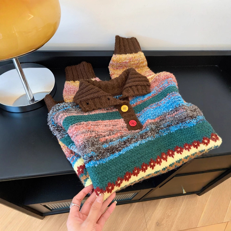 Counter Withdrawal Fair Isle Rainbow Striped Sweater for Women, New Winter Thickened Knitwear for Petite Sizes