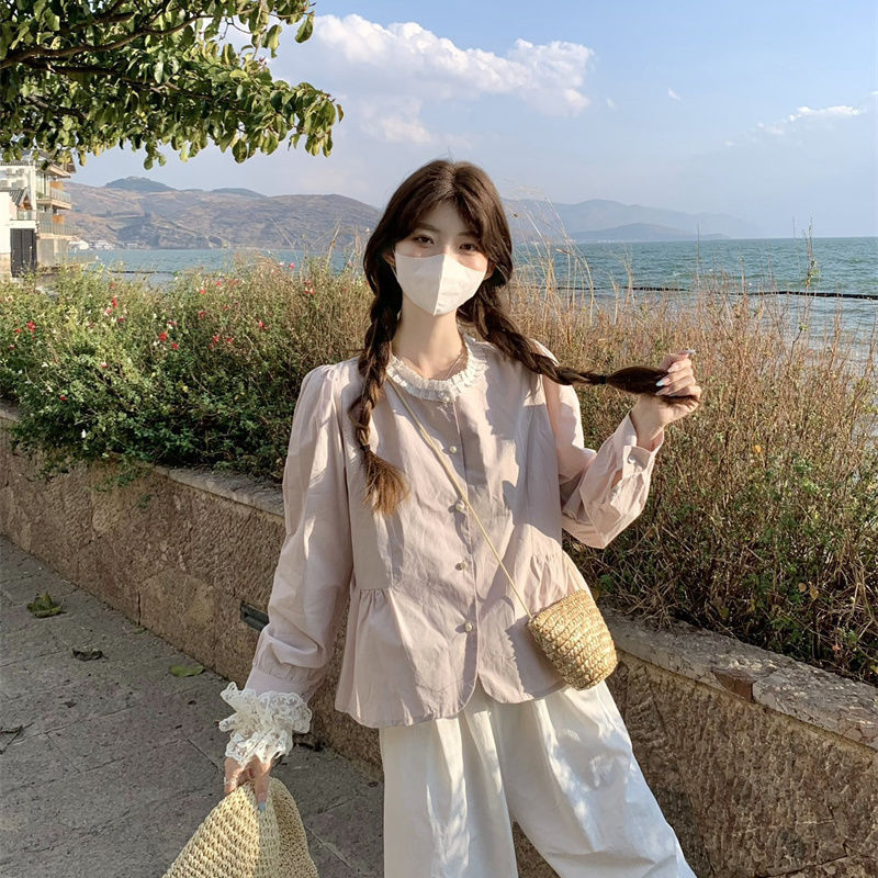 2025 拼接蕾丝花边圆领小圆扣长袖纯色温柔气质衬衫上衣女装蓝色|undefined