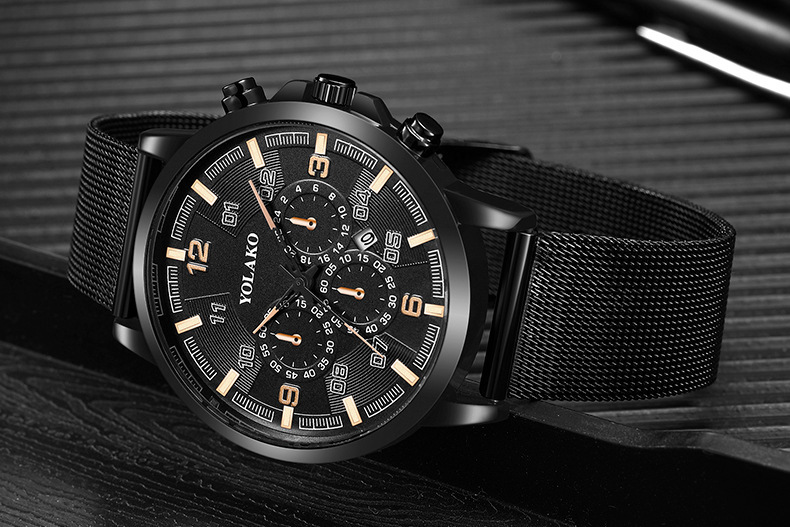 Nouvelle montre numérique tendance pour homme avec calendrier à trois yeux et aiguille bleue, montre pour homme en maille d'acier inoxydable_voghion.com