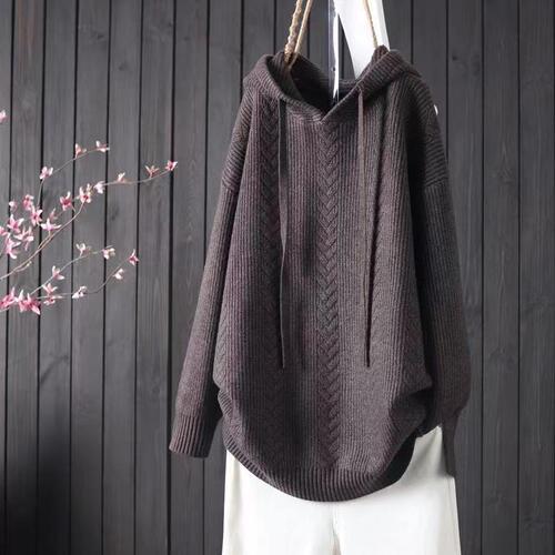 Pure Color Hooded Belted Long-Sleeve Soft and Slender Women's Knit Top Sweater for Autumn and Winter