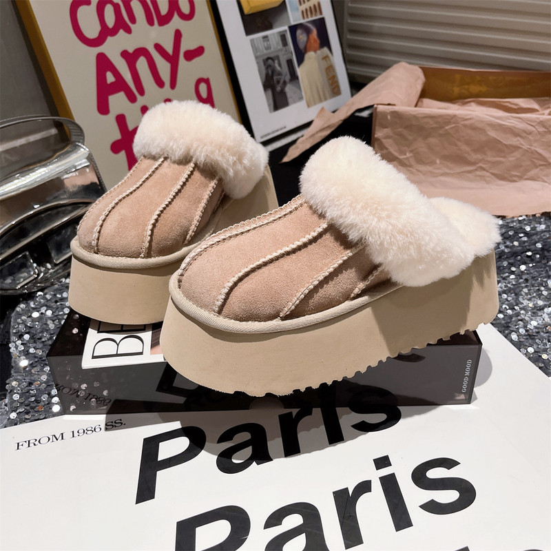 Retro Style Warm Furry Slippers for Women, Suitable for Outdoor Wear, 2026 Autumn and Winter New Thick-Soled Plush Closed-Toe Cotton Slippers, Snow Boots