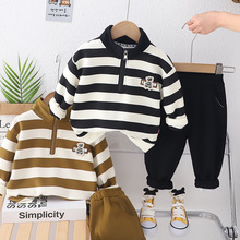 春装新款男童套装1-5岁儿童条纹立领半拉链长袖上衣童装休闲卫衣
