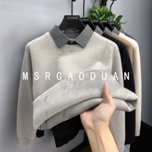 2025秋冬新款衬衫领假两件毛衣男雪尼尔针织衫一体绒加厚加绒保暖