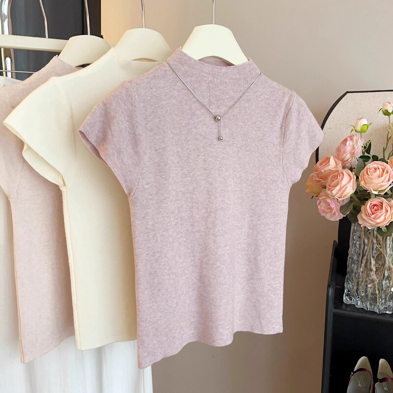 Cross-Border Wholesale Summer Half Turtleneck Knitwear Short-Sleeved Bottoming Shirt Feminine Slimming and Stylish Bottoming Top