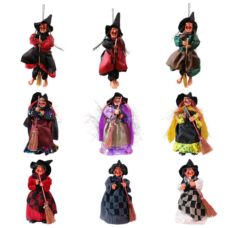 Decorazione da appendere per Halloween a forma di strega: strega volante con scopa e calderone a LED, risate attivate dal suono, decorazione da soffitto spettrale_voghion.com