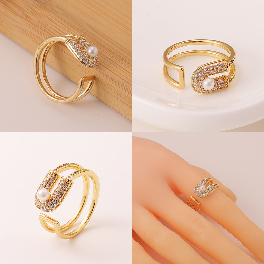 Bohemian copper micro-encrusted zircon creative pearl geometric ring