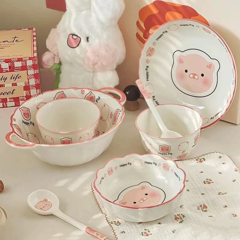 Комикс милый поросенок миска для лапши домашняя керамическая рисовая чаша тарелка новый стиль подглазурная цветная тарелка набор партия