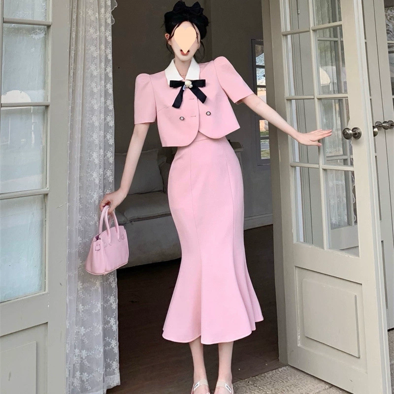 Новый летний высококачественный короткий топ с короткими рукавами и цветными блоками, элегантная юбка-рыбий хвост с высокой талией, облегающая бедра, комплект из двух предметов