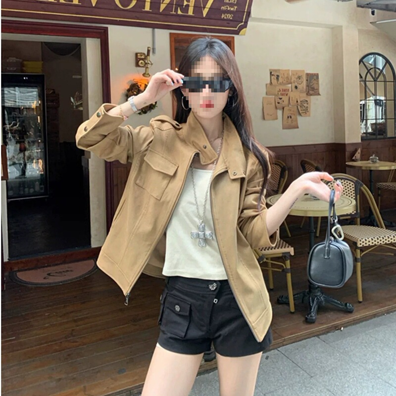 Maillard Brown Suede Short Jacket for Petite Women, 2026 Spring and Autumn New Vintage Motorcycle Leather Jacket