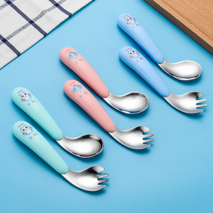 Factory direct Nordic three-color curved spoon Fork creative pattern set Children Baby curved spoon baby spoon wholesale