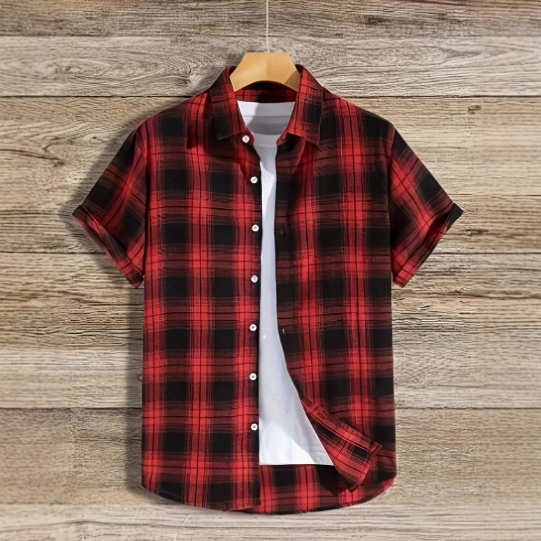 Amazon Temu Aliexpress Men's Casual Plaid Short-Sleeve Turn-Down Collar Cardigan Shirt Simple Versatile Summer New Style