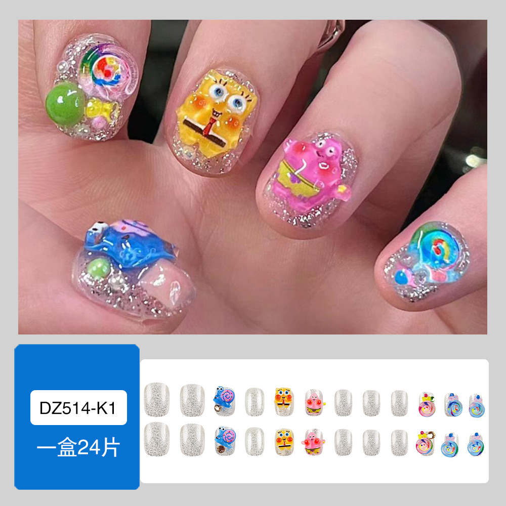 SpongeBob SquarePants Pai Big Star Little Snail Wear Armor 24 piezas de uñas de uñas de dibujos animados lindo uñas de diamantes de moda