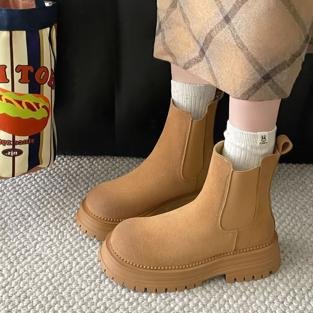 Retro all-in-one platform booties Women's new ankle boots with thick heel elastic sanded leather boots_voghion.com