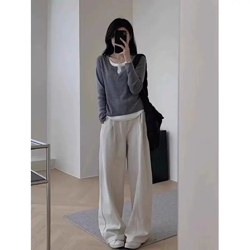 大码黑色假两件长袖T恤女秋季韩版不规则拼接修身显瘦打底衫上衣|undefined