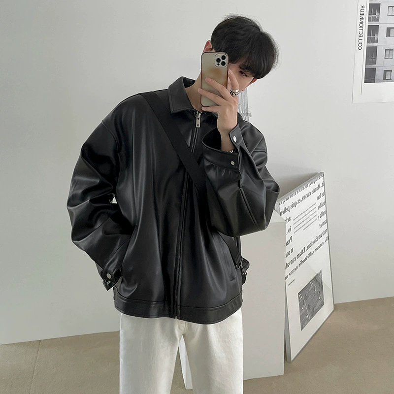 Polyurethane Baseball Jacket, Korean-Style Oversized Casual Jacket, Black, Sizes M–2XL