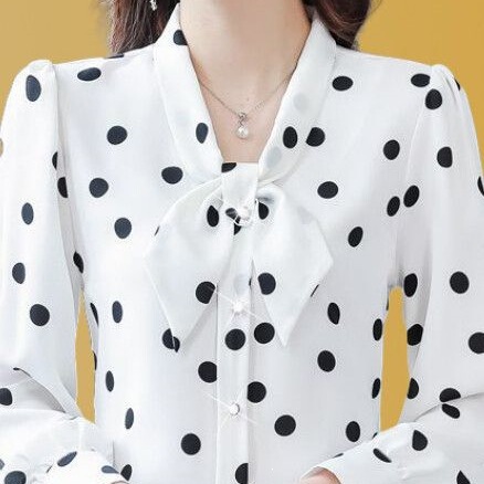 Chiffon long-sleeve shirt, silk women's polka dot blouse, age-reducing autumn and spring wear, European and American style, new bow design Chiffon long-sleeve shirt, silk women's polka dot blouse, age-reducing autumn and spring wear, European and American style, new bow design