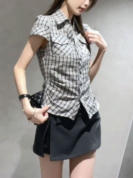 韩系复古格子短袖衬衫女夏2025新款掐腰气质衬衣修身显瘦辣妹上衣|undefined
