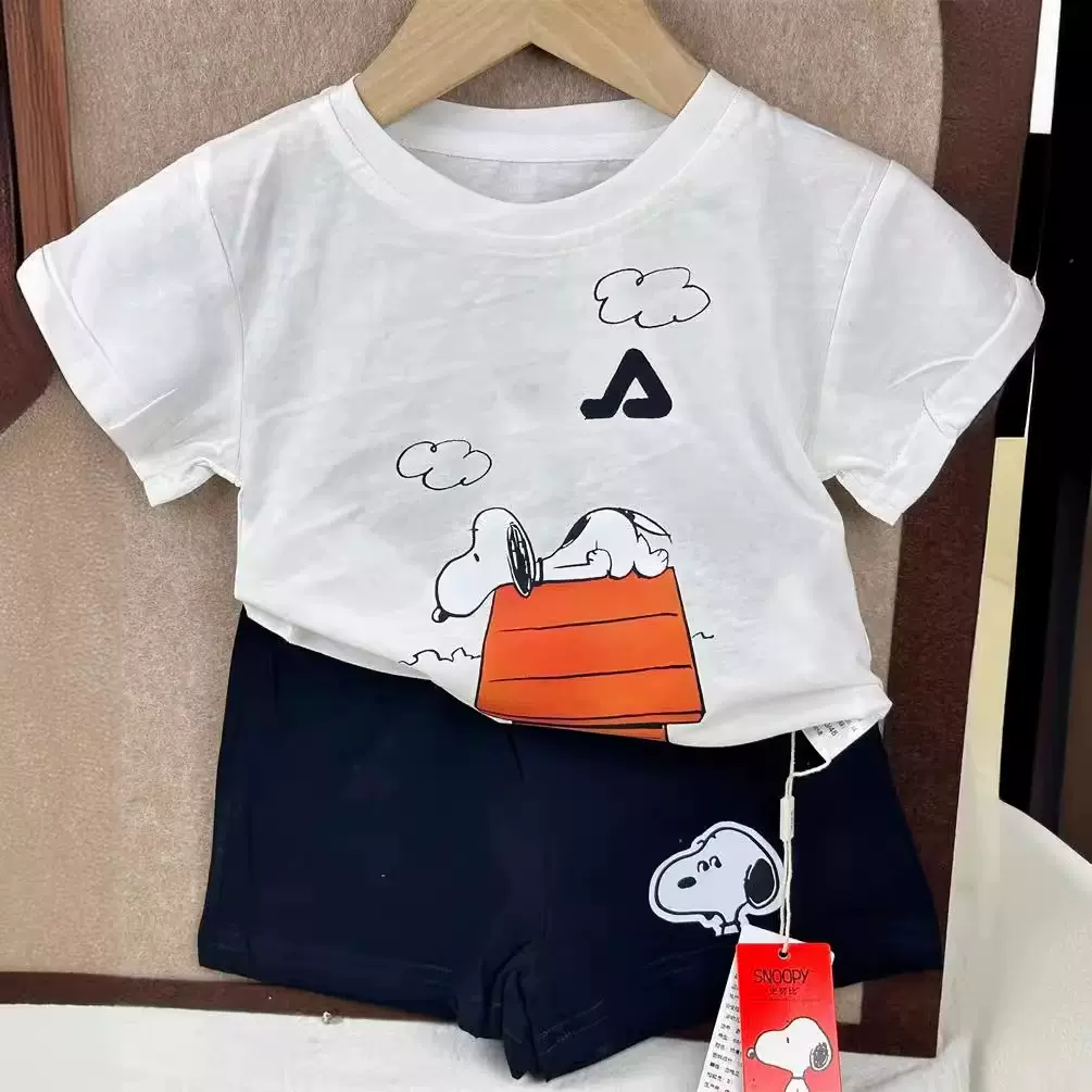 夏史努比联名儿童套装圆领短袖棉宝宝运动服男女孩无袖背心两件套