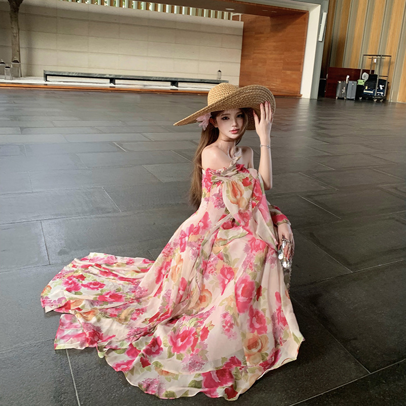 Moonlight Flower Rose Square Neck Floral Long Sleeve Dress Women's New French Style Vacation Long Dress Direct Sale Real Shot Moonlight Flower Rose Square Neck Floral Long Sleeve Dress Women's New French Style Vacation Long Dress Direct Sale Real Shot
