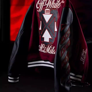 OFF25SS重工刺绣拼皮棒球服情侣款OW短外套男女WHITE红色潮流夹克