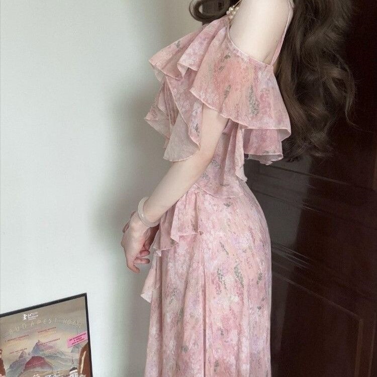 Pink Floral Dress for Summer Women 2026 New Style Tea Break French Style High-End Irregular Ruffled Chiffon Long Dress Pink Floral Dress for Summer Women 2026 New Style Tea Break French Style High-End Irregular Ruffled Chiffon Long Dress