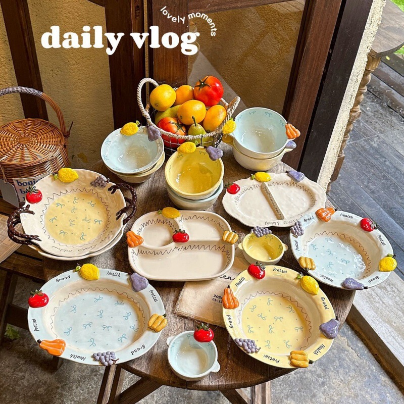 Cute fruit and vegetable 3D dinner plate, underglaze color home tableware set, high aesthetic double-handled bowl, beautiful rice bowl, dessert plate