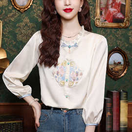 国风刺绣真丝衬衫女装夏季新款中式雪纺上衣春秋遮肚子七分袖衬衣