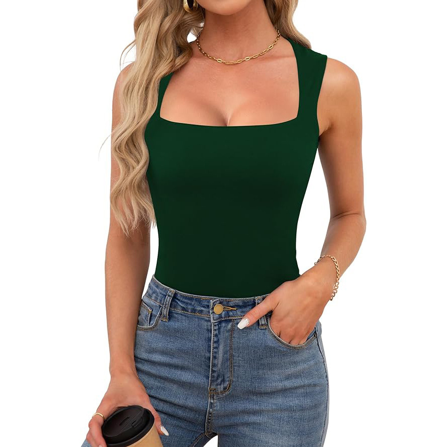 Summer New Women's Square Neck Sleeveless Double Layer Vest Basic Tight T Shirt_voghion.com