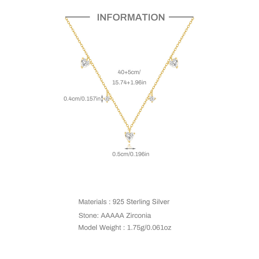 3g Weight 925 Sterling Silver Zircon Cable Chain Plating Heart Shape Multi Charms Necklace