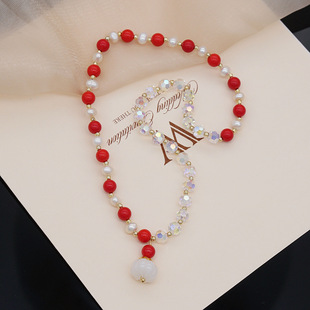 2022 New Double Circle Colorful Hair Crystal Freshwater Pearl Bracelet Vermilion White Agate Pendant Bracelet Jewelry for Women